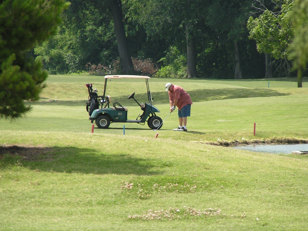 Golfers on fairway with cart